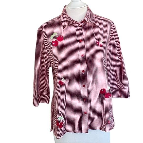 Alison Daley Red Gingham Cherry Blouse Size 8P - Picture 2 of 10